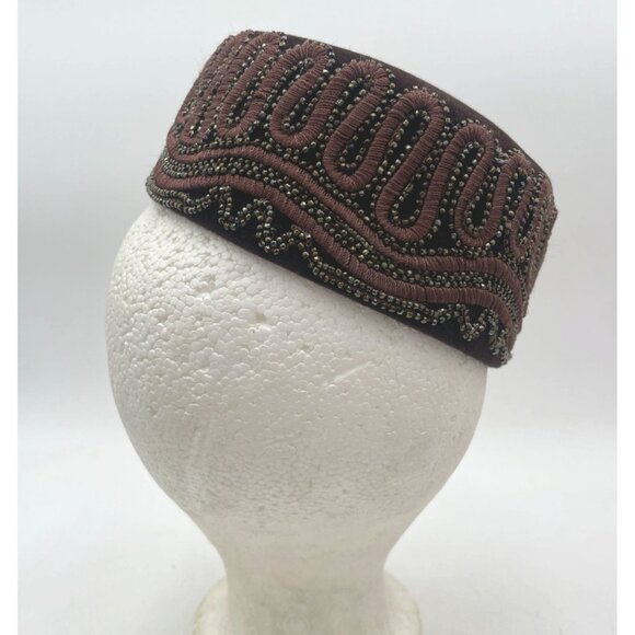 Vintage Brown Midi Velvet Hat Beaded Trim Made In France Unique Handmade Design main image 4